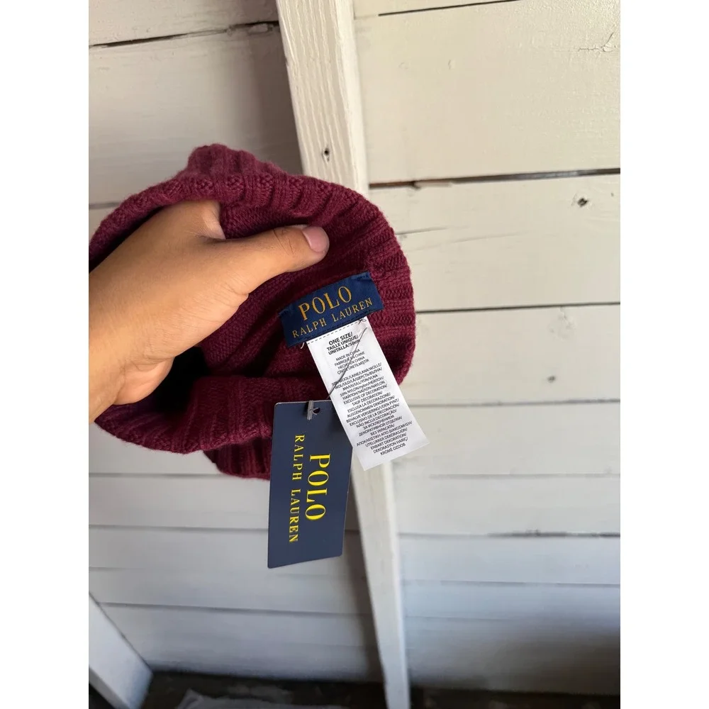 Polo Ralph Lauren Burgundy Ribbed Knit Beanie Wool Blend Hat NWT